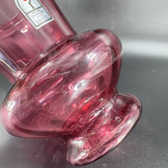 Vintage Pilgrim Cranberry Glass Vase Footed Hurricane Vase Made With Gold USA - Picture 7 of 12